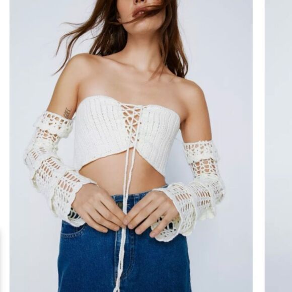 Nasty Gal- Off White Crochet Off Shoulder Lace Up Top - Picture 1 of 6